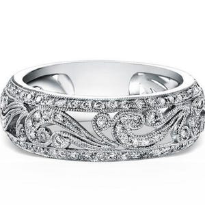 Antiker Vintage-Stil filigraner Ehering, Vintage Art-Deco-Verlobungsring, Milgrain Band, 14K Goldrunder Diamant im Labor gewachsen