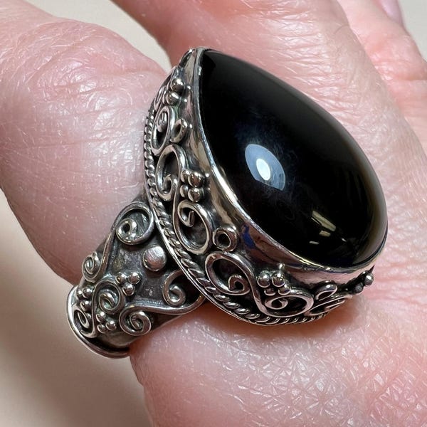 Sterling Silver Black Onyx Ring with Bali Style Decorative Design