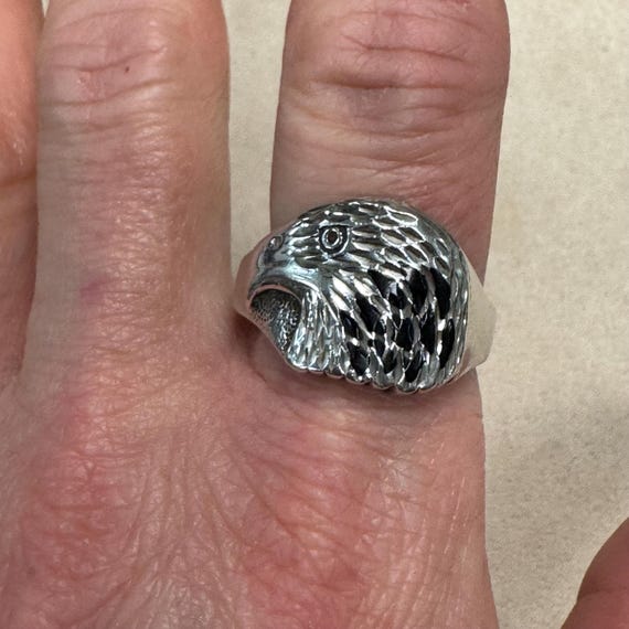 Sterling Silver Eagle Head with Black Enamel Ring… - image 5