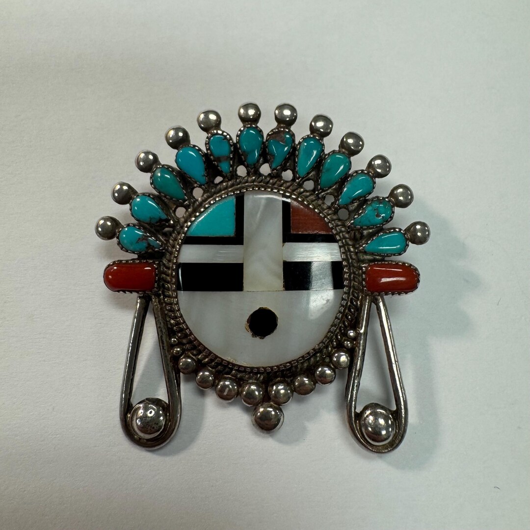 Sun Face Pin Vintage Sterling Silver Zuni Sun Face Pin, Turquoise Coral MOP Onyx ...
