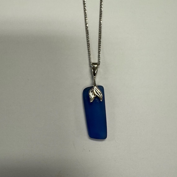 Sterling Silver Blue Sea Glass Necklace with Mermaid Tail