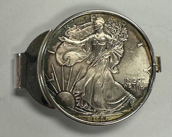 1996 American Silver Eagle Coin Mounted in a Sterling Silver Money Clip Engraved with "US MINT"