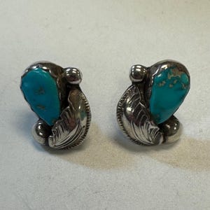 May include: A pair of silver-toned stud earrings with turquoise stones. Each earring features a heart-shaped turquoise stone, a leaf design, and a small ball accent. The earrings are set against a neutral background.