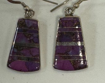 May include: A pair of silver-toned dangle earrings. Each earring features a trapezoid-shaped purple stone with silver and black accents. The earrings have a hook closure.