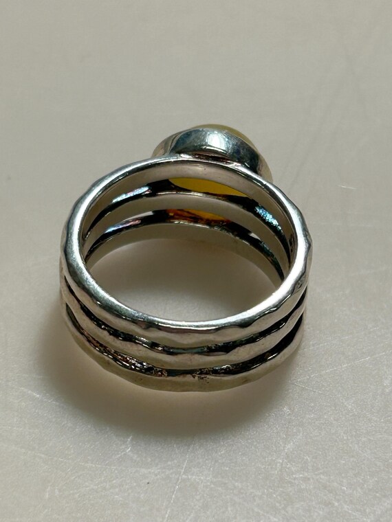 Yellow Stone Sterling Silver Hammered Band Ring.  Unknown Artist Stamp. View 3