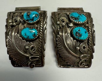 Vintage Navajo Sterling Silver Turquoise Leaves and Scroll Design
