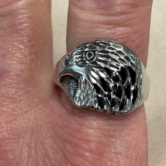 Sterling Silver Eagle Head with Black Enamel Ring… - image 4