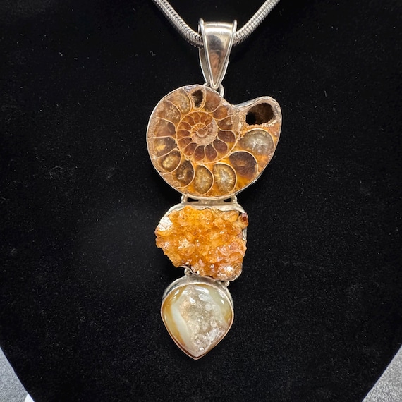 Sterling Silver Ammonite & Fossilized Quarts Necklace Snake Chain