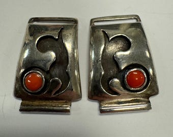 Sterling Silver Navajo Watch Tips with Red Coral Cabochons