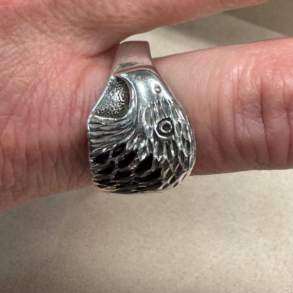 Sterling Silver Eagle Head with Black Enamel Ring… - image 3