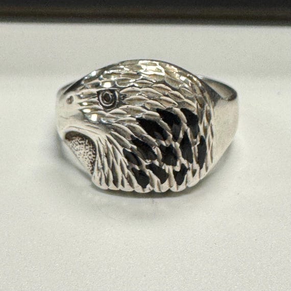 Sterling Silver Eagle Head with Black Enamel Ring… - image 1