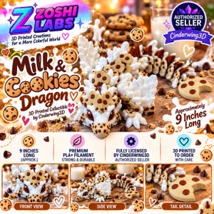 May include: A 3D printed articulated dragon figure featuring a tan and white color scheme with brown chocolate chip patterns. The dragon measures approximately 9 inches long and includes a tail tip shaped like a bitten cookie.