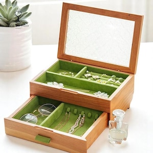Glas-Top Holz-Schmuckschatulle mit großer Kapazität - Doppelschicht-Massivholz-Organizer mit Schubladen