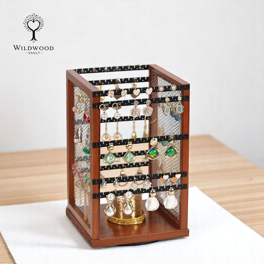 Yoimori 360 Rotating Wooden Earring Display Stand - 48 Hooks For Jewelry Selling