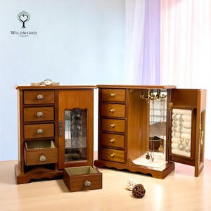 Holz Vintage Schmuckschatulle | Schminktisch Organizer mit Drehbarer Halsketten Aufhänger und Schublade
