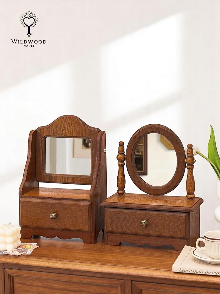 Retro Wooden Heart-Shaped Makeup Mirror – Vintage Desktop Stand with Storage Box