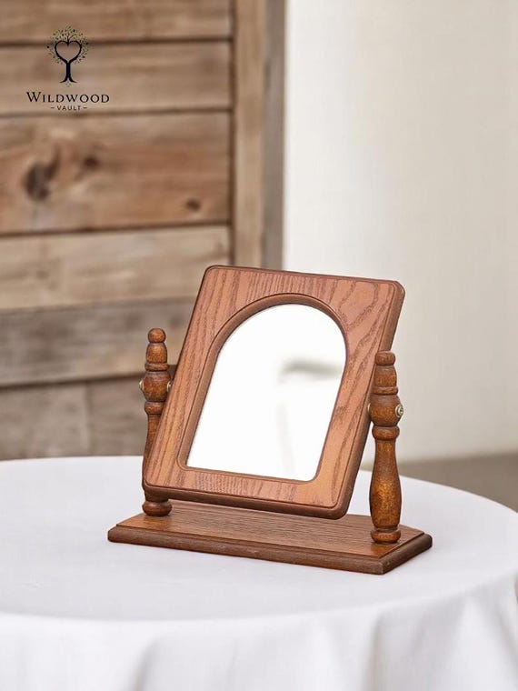 Retro Wooden Heart-Shaped Makeup Mirror – Vintage Desktop Stand with Storage Box