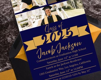 May include: A navy blue graduation invitation with gold accents. The invitation features a photo collage of a graduate in cap and gown, a group of graduates, and a portrait of the graduate. The text reads "Class of 2025 Jacob Jackson Commencement at Graduation High School Saturday, June 14th at 11AM Lunch at the Jackson Residence 1205 Graduation Way, Los Angeles, California Saturday, June 14th at 12:30PM RSVP to Jane at (123)123-1234 by May 31st."