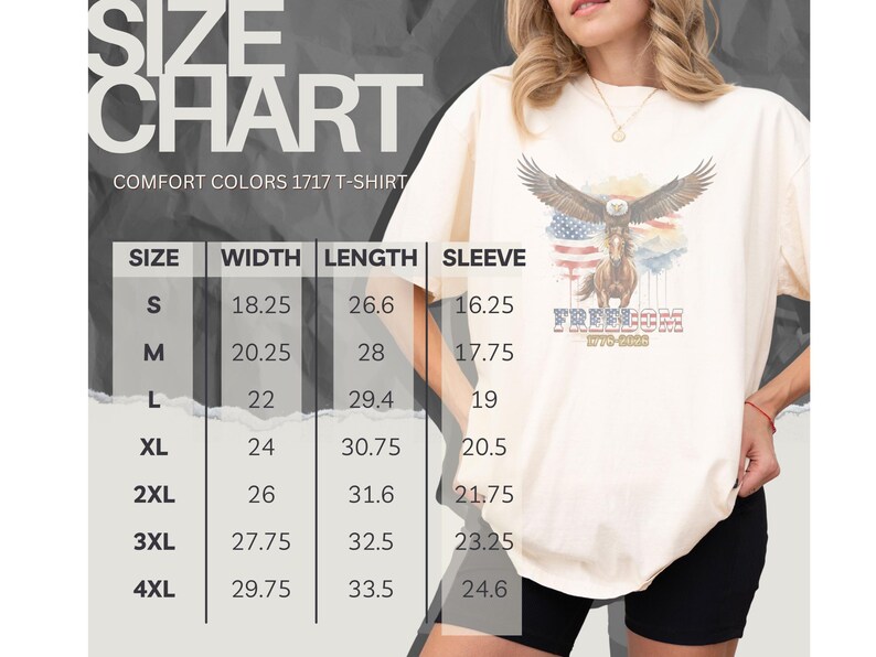 May include: Cream Comfort Colors 1717 T-shirt with an eagle, horse, and American flag design. The word "Freedom" is printed below. A size chart is visible, with measurements in inches: width, length, and sleeve.
