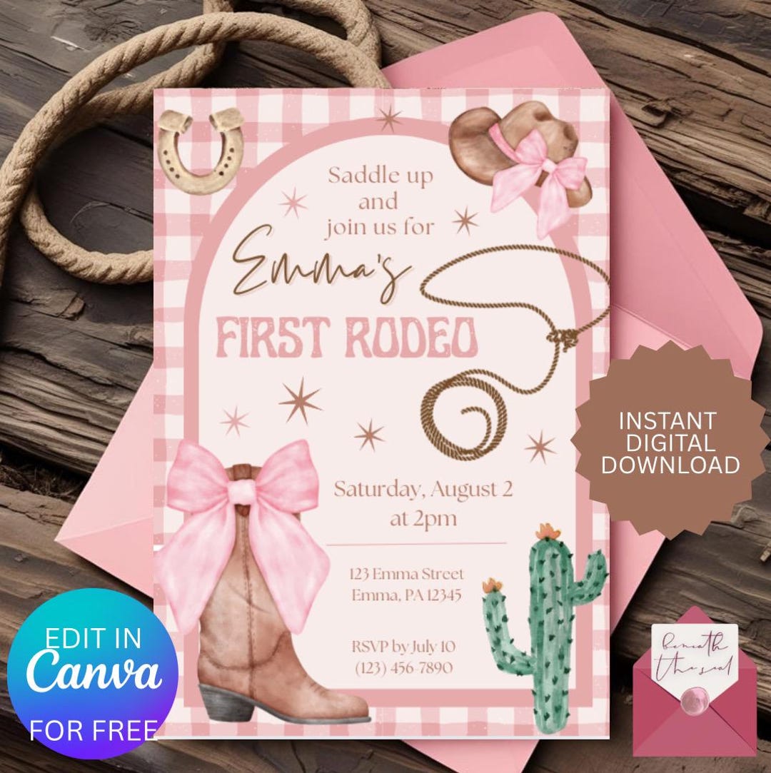 First Rodeo Girl Birthday Invitation: Pink Cowgirl Party (digital