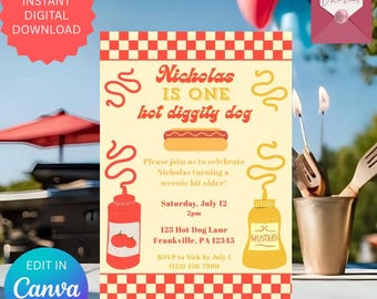 Hot Diggity Dog 1st Birthday Invitation Template: Editable Summer Cookout Theme (Digital Download, Printable)