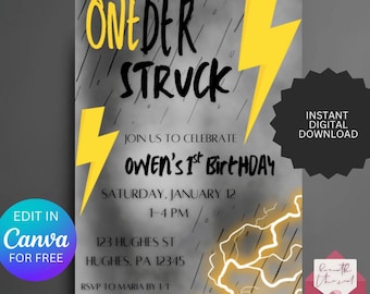 Editable Oneder Struck Birthday Invitation: Unique Party Lightning Theme (Digital Download, Printable)