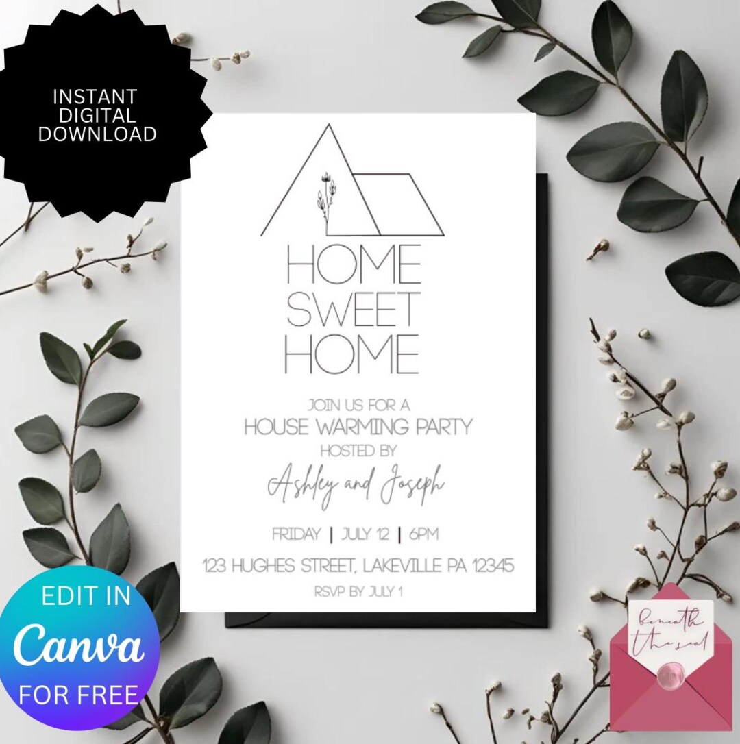 Home Sweet Home, Editable Housewarming Invitation: Modern Minimalist ...