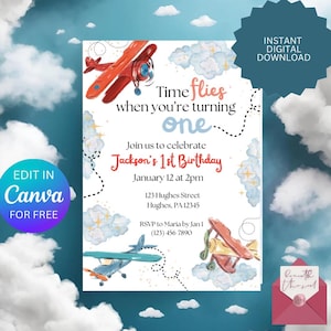 Editable Airplane First Birthday Invitation, Time Flies Birthday Invite, Birthday Boy Invite, Printable Instant Digital Download Template