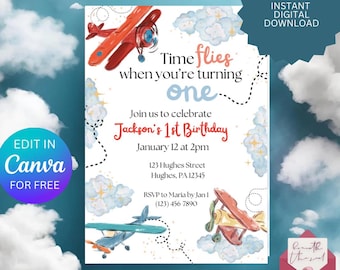 Airplane First Birthday Invitation: Editable Time Flies Theme (Printable, Digital Download Template)