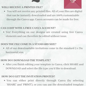 May include: A graphic with the text "FAQ's" and a question mark icon. It answers questions about digital invitations, including file types, Canva editing, and printing options. A pink envelope graphic is also present.