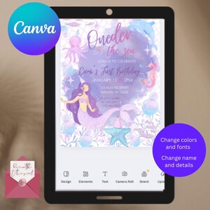 May include: A digital invitation on a tablet screen, featuring a mermaid theme with the text "Oneder the sea" and "Cumi's First Birthday". The design includes illustrations of sea creatures in shades of purple, blue, and pink. The Canva logo is visible.