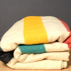 May include: Folded wool blanket with cream, yellow, red, teal, and black stripes. The blanket is stacked on a wooden surface against a gray background. The blanket is folded neatly.