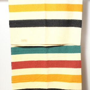 May include: A cream-colored blanket with horizontal stripes in red, yellow, black, and teal. The blanket is folded over a white bar. A small tag is visible on the blanket.
