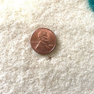 May include: A copper-colored penny coin, featuring a profile of a man, rests on a textured, off-white surface. The coin is slightly off-center, with a portion of a teal stripe visible in the background.