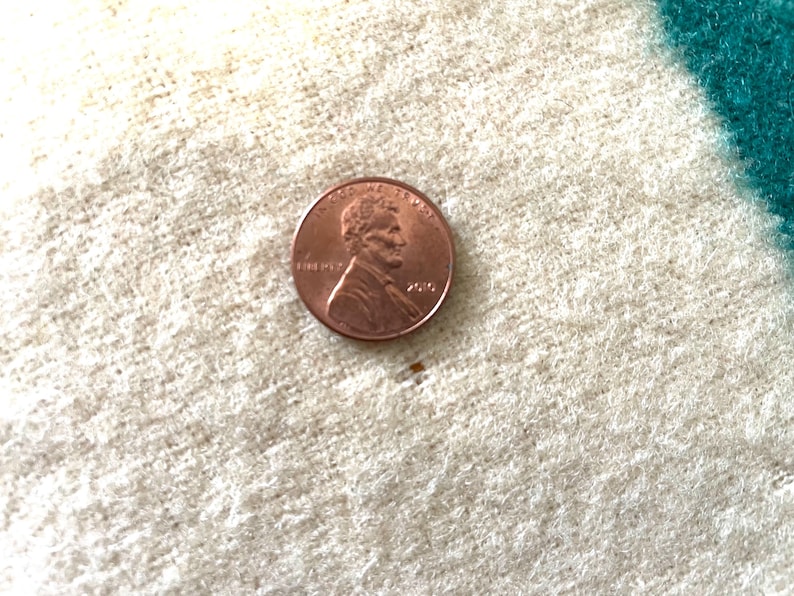 May include: A copper-colored penny coin, featuring a profile of a man, rests on a textured, off-white surface. The coin is slightly off-center, with a portion of a teal stripe visible in the background.