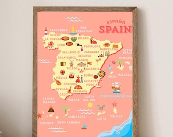 Mapa ilustrado de España para imprimir, arte mural europeo (descarga digital)