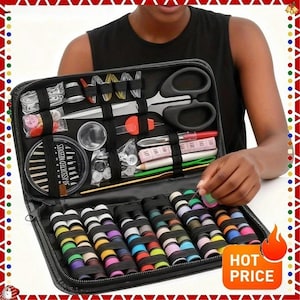 May include: Black zippered sewing kit with various sewing supplies, including spools of thread, scissors, needles, buttons, and a measuring tape. The kit contains a variety of colored threads and other sewing essentials. The kit is held by a person.