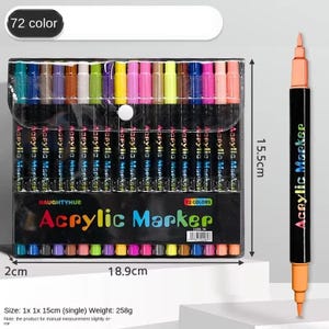May include: A set of 72 Naughtyhue acrylic markers in a clear plastic case. The markers feature black barrels with the text Acrylic Marker. A single marker is shown separately, measuring 15.5 cm in length. The case measures 18.9 cm by 2 cm.