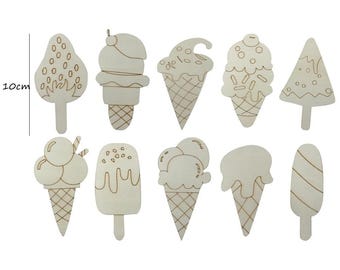10pcs Wooden Ice Cream DIY Painting Ornaments for Summer Birthday Party Decorations, Kids Crafts Supplies, Blank Wooden Shapes