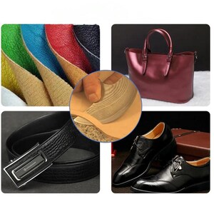 K&ouml;nnte beinhalten: Eine Collage von Lederwaren, darunter farbige Lederst&uuml;cke, eine bordeauxfarbene Handtasche, ein schwarzer Lederg&uuml;rtel mit silberner Schnalle und schwarze Lederschuhe. Eine Nahaufnahme zeigt die Lederverarbeitung.