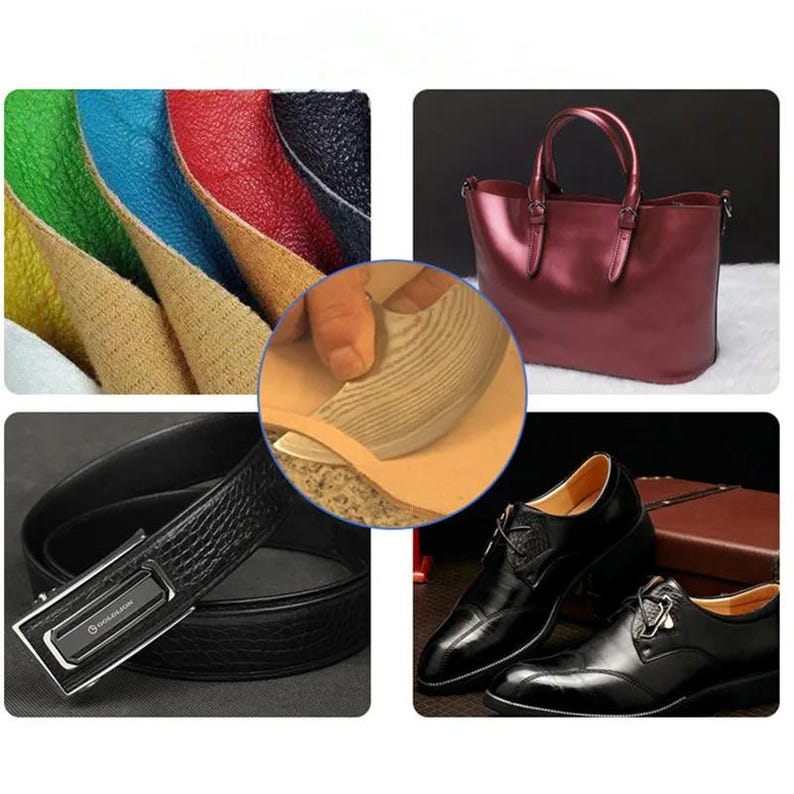 K&ouml;nnte beinhalten: Eine Collage von Lederwaren, darunter farbige Lederst&uuml;cke, eine bordeauxfarbene Handtasche, ein schwarzer Lederg&uuml;rtel mit silberner Schnalle und schwarze Lederschuhe. Eine Nahaufnahme zeigt die Lederverarbeitung.