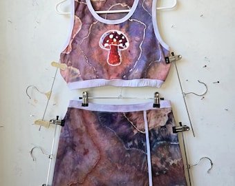 Tie Dye Crop Top & Skirt Set | Large | Geode Mushroom | Earthy Woodland Colors