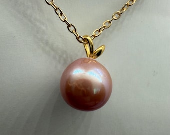 10-10.5mm Genuine Freshwater Purple Pearl Pendant Necklace S925 Sterling Silver Bail 18K Gold Plate Brass Chain 18”