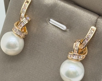 12.9mm Large Genuine 5A Freshwater Pearl 18K Gold Plate Dangle Earrings Sterling Silver Posts Stamp S925 High Luster Cubic Zirconia Elegant