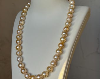 14K Gold 8-10mm Large Genuine Saltwater Akoya Pearl Necklace Baroque Shape Light Champagne Stamped Vintage Ornate Fish Hook Clasp Gift