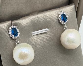 14.4mm Huge 3A Genuine Freshwater Pearl Earrings Sapphire Blue Cubic Zirconia Stamp 925