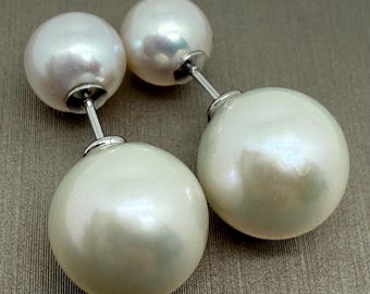 10-10.5mm Genuine 4A Freshwater Pearl Classic Double Side Earrings CD Tribales Style 18K White Gold over Sterling Silver Hardware Stamp S925