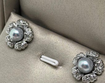 6-6.5mm Genuine Saltwater Blue Akoya Stud Earrings Floral Motif 18K White Gold Plate Sterling Silver Posts Stamped S925
