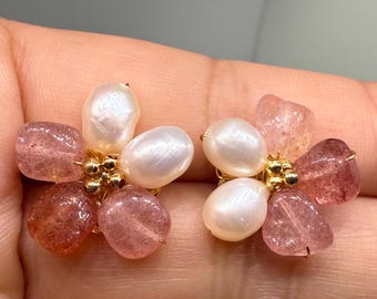 Handmade Floral Earrings: Genuine Pearl & Strawberry Quartz, Gold Plated