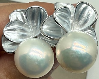 11.7mm Genuine Freshwater Pearl Earrings 5A Luster Gorgeous Bluish Overtone Sterling Silver Posts Stamp 925 Frosted Finish Floral Motif Gift